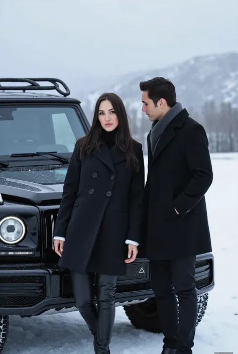 A young man and a woman stand together in a wonderful mountain place similar to the Alaskan mountains, surrounded by beautiful landscapes of snow and rugged mountains that reflect the beauty of wild nature. The weather is very cold with a foggy atmosphere,...
