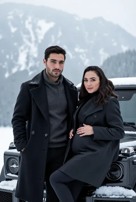 A young man and a woman stand together in a wonderful mountain place similar to the Alaskan mountains, surrounded by beautiful landscapes of snow and rugged mountains that reflect the beauty of wild nature. The weather is very cold with a foggy atmosphere,...
