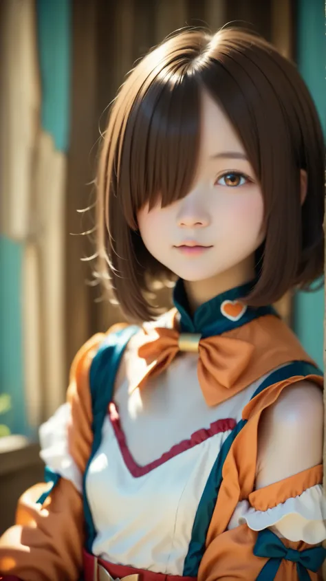score_9, score_8_ up, score_7_ up,  one girl , alone,  young girl,  emotionless,  Viewer ,  upper body, ( long hair,  brown hair ,  short bob , hair covering one eye, bungs:1.3),  symbol body,  small breasts,  thin waist, They're staring at me in a cute wa...