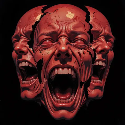 A mad-screaming face with two half fractured faces on each side. Red tones, porcelain texture, madness, (no neck).
(hyperdetailed), (Super detailed), UHD. Monochrome red face, bright reinforced red, full red face, black background.
