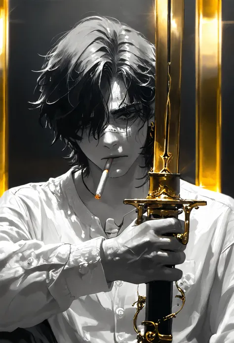 Masterpiece,The best quality, newer ,Absurds, highres,, a ,sword combat , monochrome,grayscale,((gold-colored swords in the background)), camisa blanca,cigarette ,facial scar,earring,