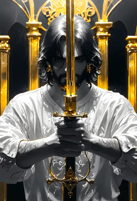Masterpiece,The best quality, newer ,Absurds, highres,, a ,sword combat , monochrome,grayscale,((gold-colored swords in the background)), camisa blanca,earring, beard