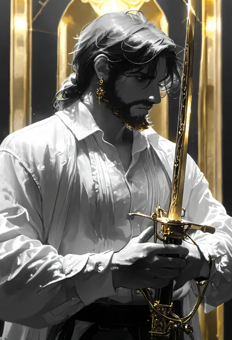 Masterpiece,The best quality, newer ,Absurds, highres,, a ,sword combat , monochrome,grayscale,((gold-colored swords in the background)), camisa blanca,earring, beard