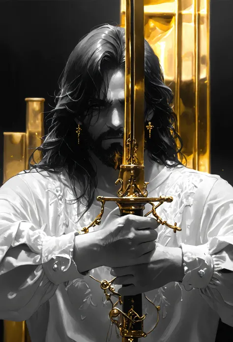 Masterpiece,The best quality, newer ,Absurds, highres,, a ,sword combat , monochrome,grayscale,((gold-colored swords in the background)), camisa blanca,earring, beard
