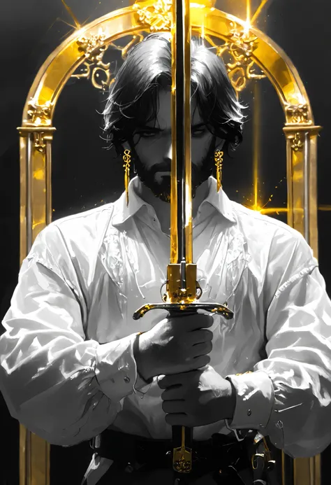 Masterpiece,The best quality, newer ,Absurds, highres,, a ,sword combat , monochrome,grayscale,((gold-colored swords in the background)), camisa blanca,earring, beard
