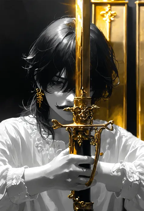 Masterpiece,The best quality, newer ,Absurds, highres,, a ,sword combat , monochrome,grayscale,((gold-colored swords in the background)), camisa blanca,earring, small mustache
