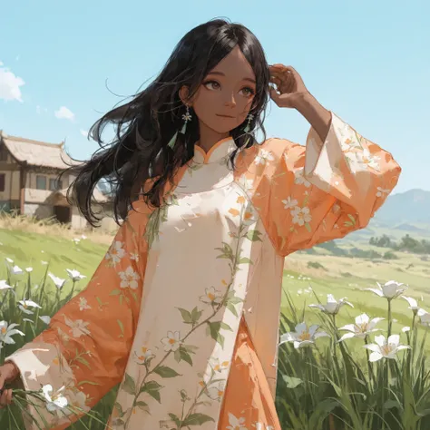 grace, neat figure, woman, young, solo, black glossy hair, long hair flowing with the wind, parted bangs, dark skin, earrings, traditional Vietnamese dress, light orange dress, floral printed dress, beautiful hair decoration, holding a white flower, hair f...