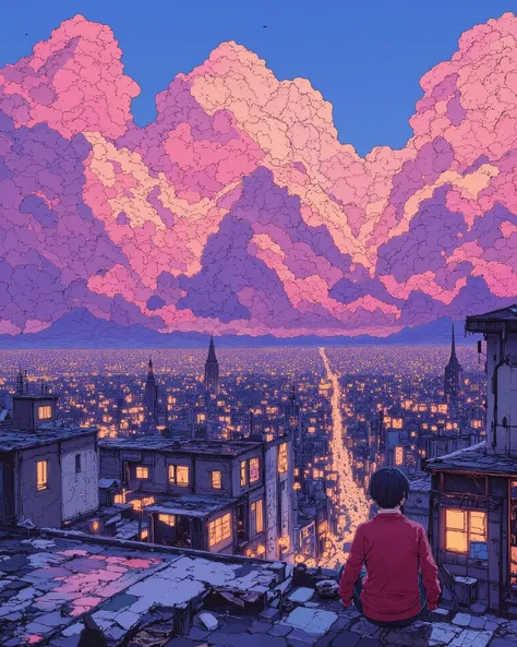 A breathtaking anime-style cityscape at sunset, inspired by Makoto Shinkai's art. The sky is painted in vibrant hues of pink, purple, and orange, with scattered clouds reflecting the warm glow of the setting sun. In the foreground, two friends sit on the e...