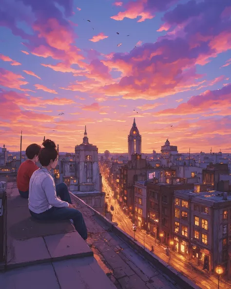 A breathtaking anime-style cityscape at sunset, inspired by Makoto Shinkai's art. The sky is painted in vibrant hues of pink, purple, and orange, with scattered clouds reflecting the warm glow of the setting sun. In the foreground, two friends sit on the e...