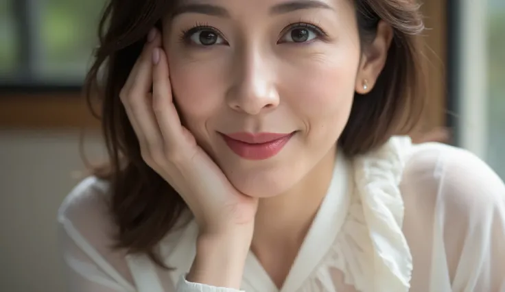 close-up of a 48-year-old elegant Japanese woman wearing a ruffled ivory silk blouse, Lipstick . she has wavy hair, delicate laugh lines , and a bewitching smile . makeup includes lipstick (1.1), eyeliner (1.2), mascara, and eyeshadow , sophisti...