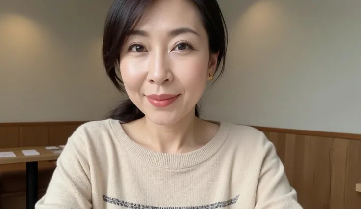 A middle-aged Japanese woman wearing a beige sweater with a fine black line on her chest, seated in a minimal cafe setting . has a horizontal ponytail adding to her relaxed vibe , and her gentle smile highlights fine smile marks . High Quality Rendering...