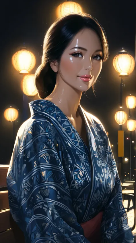 40A woman who looks like a woman, mature woman, Shiny Skin, perfect eyes, dark eyes, pink lips, shiny hair, black hair with a young pattern, bungs, ( blue kimono, detailed, Low Key Lighting , street light lighting, Realistic depiction, (masterpiece, Best...