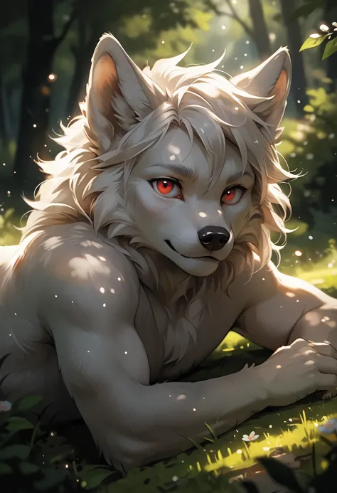 furry wolf, 20 year old male wolf, white wolf, red eyes, naked and wearing diapers, lying on the grass near a stream, in the forest, furry wolf, masterpiece, high quality, good resolution, digital painting \(artwork\), soft light, solitary, (human-like mal...