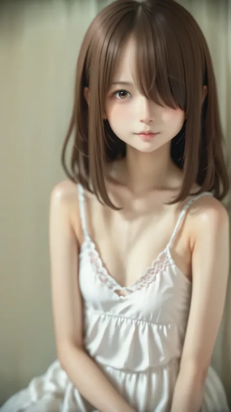 score_9, score_8_ up, score_7_ up,  one girl , alone,  young girl,  emotionless,  Viewer ,  upper body, ( long hair,  brown hair ,  short bob , hair covering one eye, bungs:1.3),  symbol body,  small breasts,  thin waist, I'm staring at you in a cute way, ...