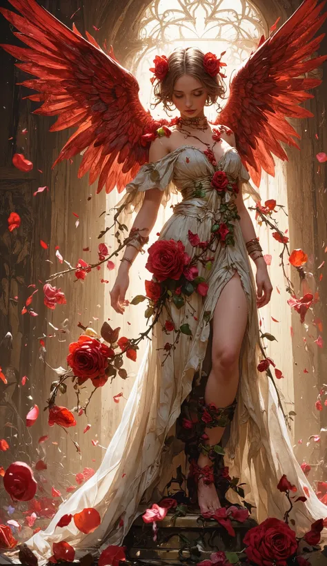 Rose flower angel、
((NSFW)),
soft focus、motion blur、
High Key、Backlit 、See-through wings、see-through dress、
rose petals are blooming in the foreground、
1girl,
An angel with big crimson wings descended to earth wrapped in white light、
rose ivy wrapped aroun...
