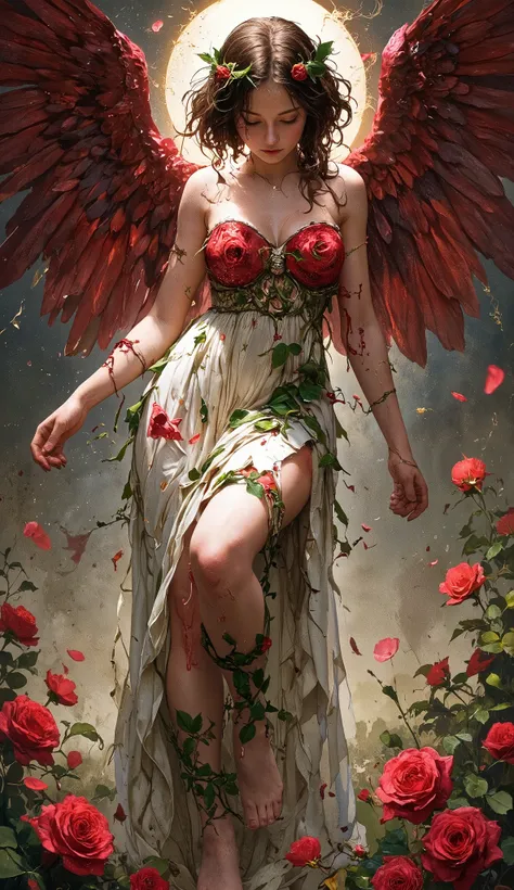 Rose flower angel、Altar Painting、
((NSFW)),
soft focus、motion blur、
High Key、Backlit 、See-through wings、see-through dress、
rose petals are blooming in the foreground、
1girl,
An angel with big crimson wings descended to earth wrapped in white light、
rose iv...