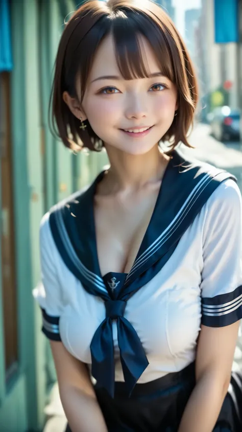 score_9,score_8_up,score_7_up,Super Detail,absolute resolution, detailed beautiful face and eyes,brown hair,short hair bangs ,smile, Black sailor suit  ,Black Short Sleeves,black skirt,big breasts,Chest,front tilt,cross your arms on your back,big breasts,F...
