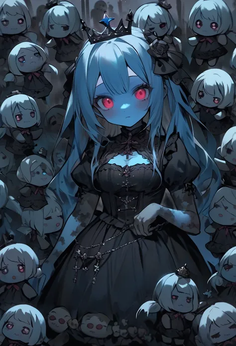cute zombie princess。blue skin。There are lots of tiny zombie dolls around the seams。The background is a grave 。There are a lot of little zombie dolls around、 in the ward。 Dark 。