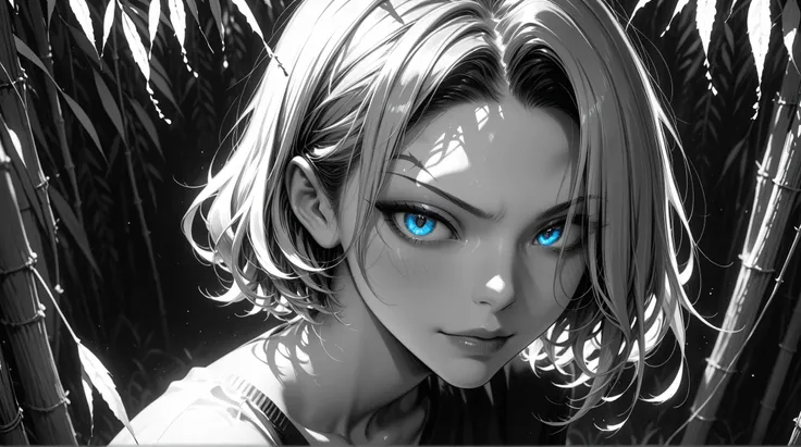 monochrome, Hiding one eye, short hair, sharp gaze, Willow Eyebrow, Sapphire Blue Eyes