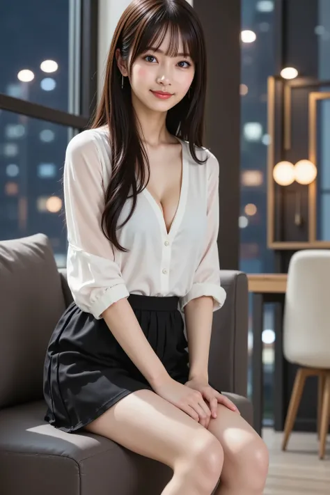 haruka, huge breast, Cleavage, ultra-realistic digital illustration of a slender young woman sitting on a modern sofa. She is shown in a medium-tight knee-up shot, from the top of her head to just above her knees, with her entire head and face fully visibl...