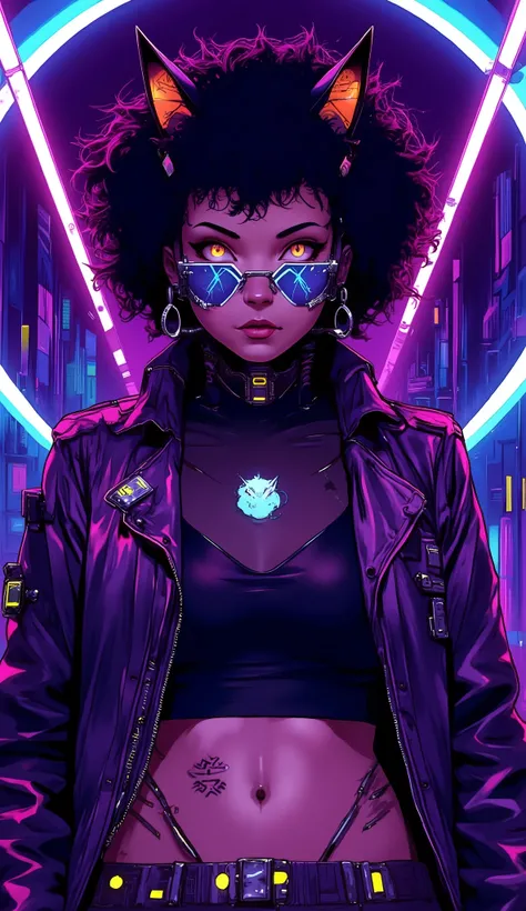 A digital illustration captured from a front angle stylized cyberpunk woman with an elegant feline face, similar to a black cat with a soft coat.  wearing sunglasses ,, with long and detailed lashes. She has pointy cat ears on the top of her head, covered ...