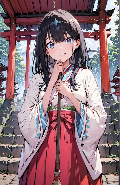 score_9, score_8_up, score_7_up, source_anime,It's because of Rikkata, black hair with a young pattern, blue eyes, long hair , smile,cover,Open Your Mouth,Orange wrist scrunch, Shrine maiden, kimono, object, Red Hakama Skirt , Wide Sleeves, long sleeve, ...