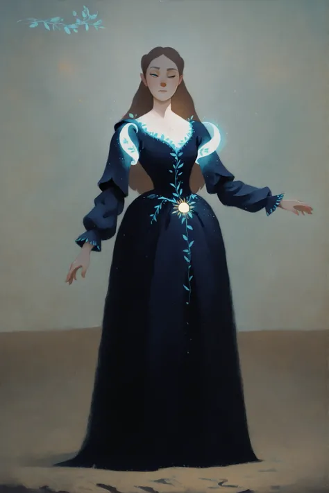 drki, hyper detailed painting of a dress, medieval dress, detailed clothing, ethereal glow, surreal lighting, soft expression, mystical fantasy aesthetic, painterly illustration, gouache painting, soft lighting illustration, 2d art, delicate background, ma...