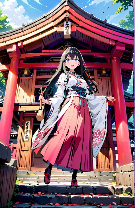 score_9, score_8_up, score_7_up, source_anime,It's because of Rikkata, black hair with a young pattern, blue eyes, long hair , smile,cover,Open Your Mouth,Orange wrist scrunch, Shrine maiden,  kimono, object,  Red Hakama Skirt , Wide Sleeves, long sleeve, ...