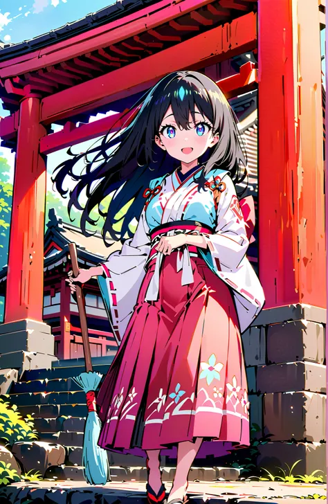 score_9, score_8_up, score_7_up, source_anime,It's because of Rikkata, black hair with a young pattern, blue eyes, long hair , smile,cover,Open Your Mouth,Orange wrist scrunch, Shrine maiden,  kimono, object,  Red Hakama Skirt , Wide Sleeves, long sleeve, ...