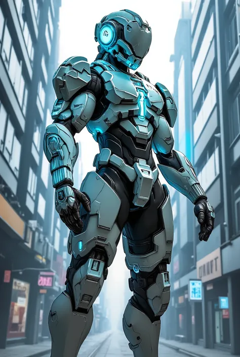 futuristic armored suit, glowing blue accents, sleek design, standing pose, urban sci-fi setting, tall buildings, muted blue and gray color palette, high-tech atmosphere, dramatic lighting with soft highlights, low angle perspective, crisp focus on the sui...