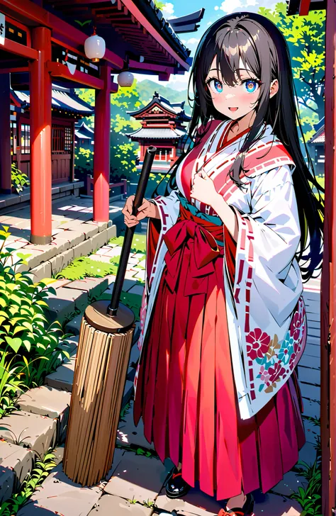 score_9, score_8_up, score_7_up, source_anime,It's because of Rikkata, black hair with a young pattern, blue eyes, long hair , smile,cover,Open Your Mouth,Orange wrist scrunch, Shrine maiden,  kimono, object,  Red Hakama Skirt , Wide Sleeves, long sleeve, ...