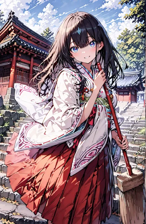 It's because of Rikkata, black hair with a young pattern, blue eyes, long hair , smile,cover,Open Your Mouth,Orange wrist scrunch, Shrine maiden, kimono, object, Red Hakama Skirt , Wide Sleeves, long sleeve, ribbon trim sleeve,holding a broom grip with b...