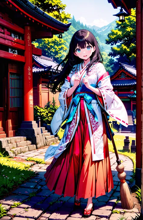 It's because of Rikkata, black hair with a young pattern, blue eyes, long hair , smile,cover,Open Your Mouth,Orange wrist scrunch, Shrine maiden,  kimono, object,  Red Hakama Skirt , Wide Sleeves, long sleeve, ribbon trim sleeve,holding a broom grip with b...