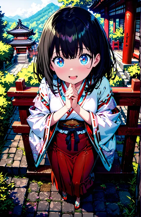 It's because of Rikkata, black hair with a young pattern, blue eyes, MEDIUM HAIR , smile,cover,Open Your Mouth,Orange wrist scrunch, Shrine maiden,  kimono, object,  Red Hakama Skirt , Wide Sleeves, long sleeve, ribbon trim sleeve,holding a broom grip with...