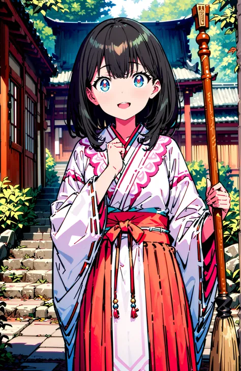 It's because of Rikkata, black hair with a young pattern, blue eyes, MEDIUM HAIR , smile,cover,Open Your Mouth,Orange wrist scrunch, Shrine maiden,  kimono, object,  Red Hakama Skirt , Wide Sleeves, long sleeve, ribbon trim sleeve,holding a broom grip with...