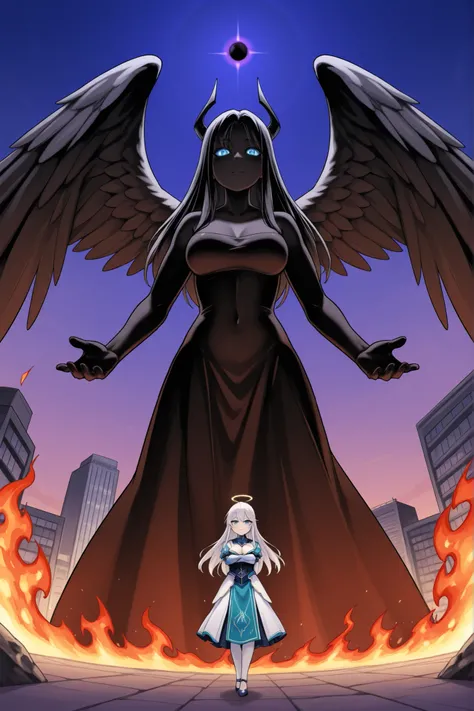  A towering, ominous figure, the Angel of Darkness, stands poised, with the world cradled in their hands, as if holding a delicate, fragile orb. Their dark, feathered wings stretch wide, casting a foreboding shadow. The Angel's face is a picture of serene ...