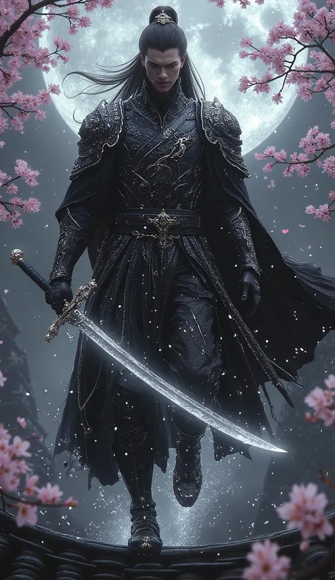 11. Chinese Dark Warrior (Aquarius)**
*"A hyper-realistic Wuxia assassin gliding effortlessly across a moonlit temple roof. His flowing black robes ripple like water (Aquarius-inspired), and his dao sword gleams with an unnatural frost. Cherry blossoms s...