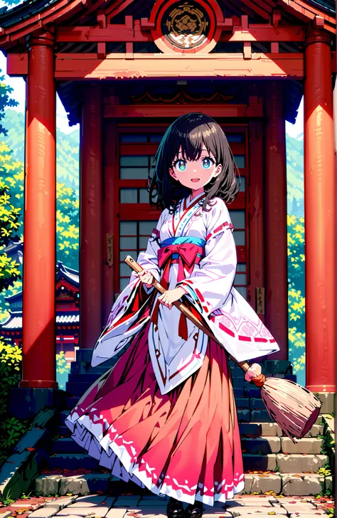 It's because of Rikkata, black hair with a young pattern, blue eyes, MEDIUM HAIR , smile,cover,Open Your Mouth,Orange wrist scrunch, Shrine maiden,  kimono, object,  Red Hakama Skirt , Wide Sleeves, long sleeve, ribbon trim sleeve,holding a broom grip with...