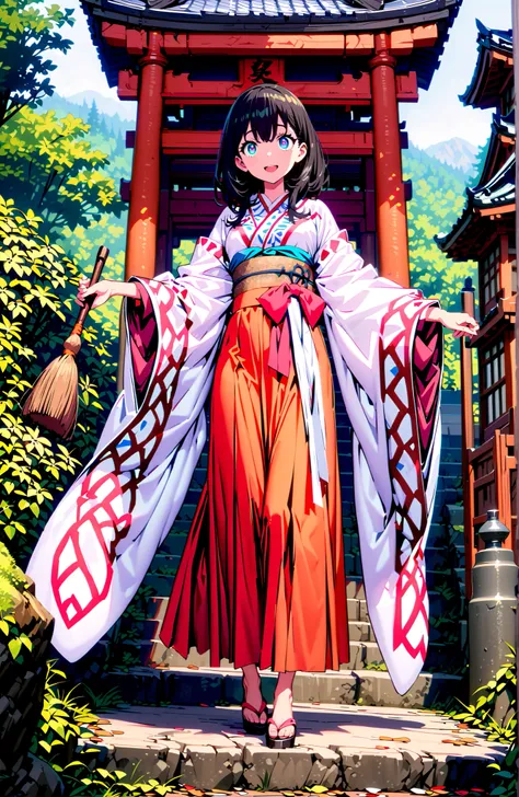 It's because of Rikkata, black hair with a young pattern, blue eyes, MEDIUM HAIR , smile,cover,Open Your Mouth,Orange wrist scrunch, Shrine maiden,  kimono, object,  Red Hakama Skirt , Wide Sleeves, long sleeve, ribbon trim sleeve,holding a broom grip with...