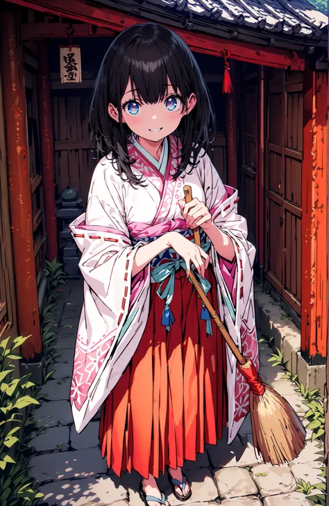 It's because of Rikkata, black hair with a young pattern, blue eyes, MEDIUM HAIR , smile,cover,Open Your Mouth,Orange wrist scrunch, Shrine maiden,  kimono, object,  Red Hakama Skirt , Wide Sleeves, long sleeve, ribbon trim sleeve,holding a broom grip with...