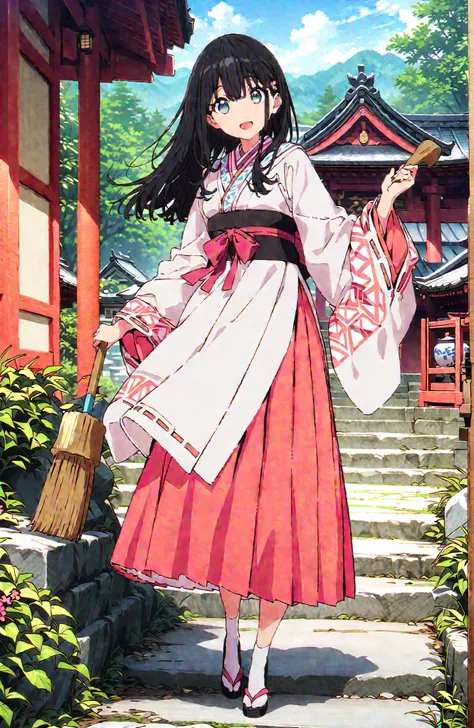 score_9, score_8_up, score_7_up, source_anime,screencap,It's because of Rikkata, black hair with a young pattern, blue eyes, long hair , smile,cover,Open Your Mouth,Orange wrist scrunch, Shrine maiden,  kimono, object,  Red Hakama Skirt , Wide Sleeves, lon...
