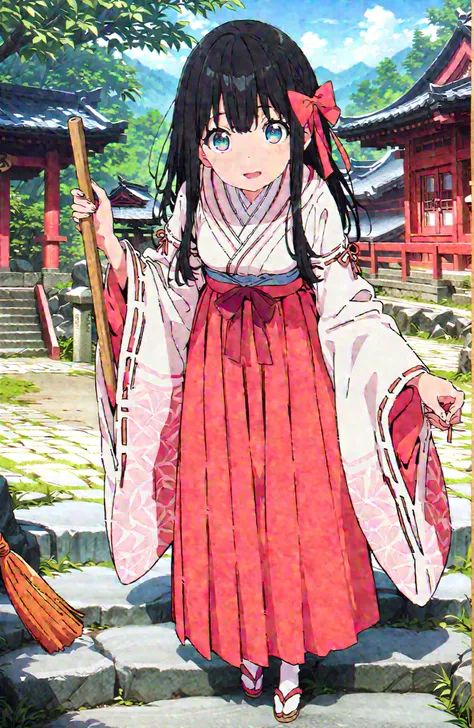 score_9, score_8_up, score_7_up, source_anime,screencap,It's because of Rikkata, black hair with a young pattern, blue eyes, long hair , smile,cover,Open Your Mouth,Orange wrist scrunch, Shrine maiden,  kimono, object,  Red Hakama Skirt , Wide Sleeves, lon...