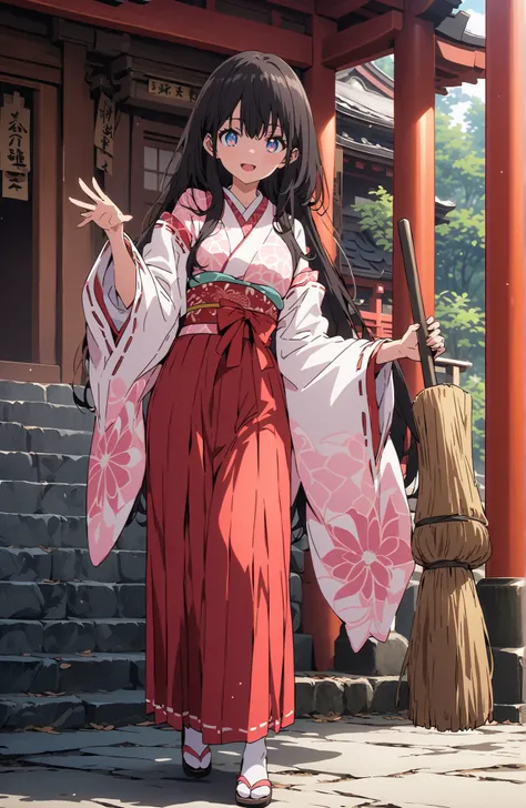score_9, score_8_up, score_7_up, source_anime,screencap,It's because of Rikkata, black hair with a young pattern, blue eyes, long hair , smile,cover,Open Your Mouth,Orange wrist scrunch, Shrine maiden, kimono, object, Red Hakama Skirt , Wide Sleeves, lon...