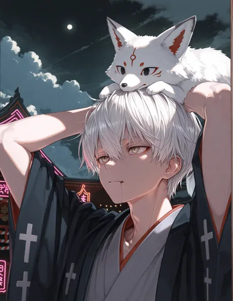 1 boy、null, white hair, masterpiece, , and the eyes are, fox, with a slightly smaller mouth, object, portrait, Cross your arms above your head , cloud,  kimono、Fantastic shrine、neon lights