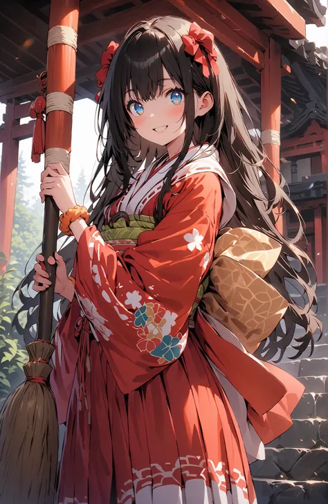 score_9, score_8_up, score_7_up, source_anime, It's because of Rikkata, black hair with a young pattern, blue eyes, long hair, orange scrunch, scrunchie, Wrist Scrunches , smile,cover,Open Your Mouth,Orange wrist scrunch, Shrine maiden, kimono, object, ...