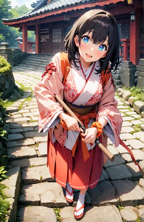 score_9, score_8_up, score_7_up, source_anime, It's because of Rikkata, black hair with a young pattern, blue eyes, MEDIUM HAIR, orange scrunch, scrunchie, Wrist Scrunches , smile,cover,Open Your Mouth,Orange wrist scrunch, Shrine maiden, kimono, object,...
