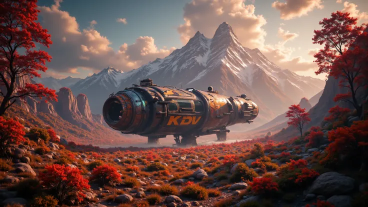 a big futuristic spaceship with imprint 'KDV' parked on an alien planet, realistic, hyper detailed, 8k, photorealistic, cinematic lighting, lush exotic foliage, towering mountains, glowing crystals,dramatic clouds,warm lighting