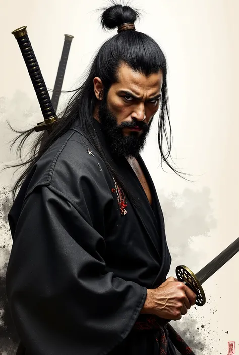 "A highly detailed, ultra-realistic depiction of a fierce samurai warrior. He has long, unkempt black hair tied in a topknot, a strong and chiseled face with a determined and intense expression. His deep-set eyes are filled with a warrior's resolve. He wea...