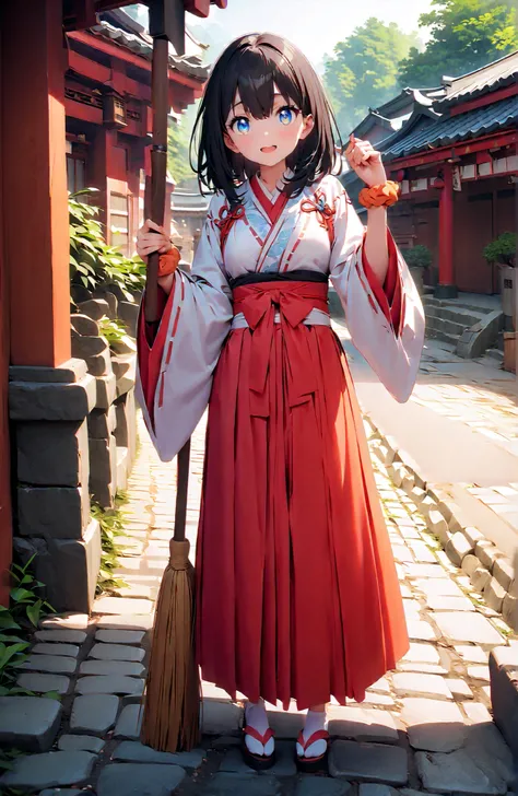 score_9, score_8_up, score_7_up, source_anime, It's because of Rikkata, black hair with a young pattern, blue eyes, MEDIUM HAIR, orange scrunch, scrunchie, Wrist Scrunches , smile,cover,Open Your Mouth,Orange wrist scrunch, Shrine maiden, kimono, object,...
