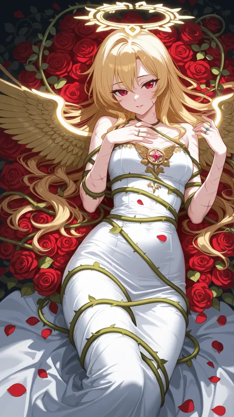 8 k，High definition，Items of delicate light，halo effect，sharp focus，hips，HDR，professional，seductive red eyes, angel woman in a revealing white dress，Elegant，(wavy Blonde long hair: 1.2)，(Ring of golden halo: 1.2)，(Petals : 1.2)，laying on flower bed、 create...